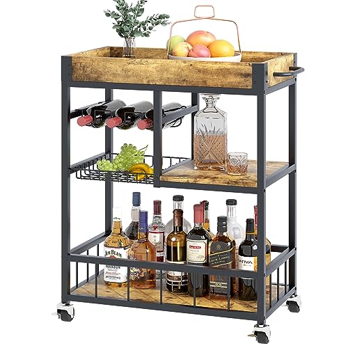 Bar Cart with Basket 3 Tiers Home Rolling Wine Rack with Wheels Mobile Kitchen Industrial Vintage Style Wood Metal Serving Trolley Serving Cart,Glass Holder Bar Cabinet - size: Rustic Brown, style: With Basket