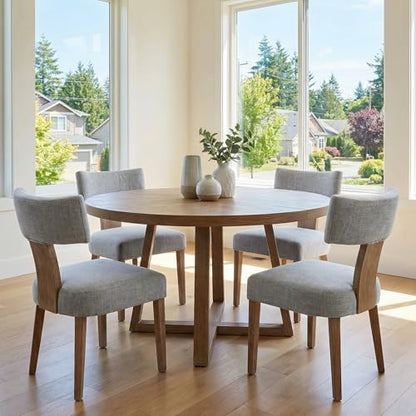 RIVOVA Mid Century Modern Dining Chairs Set of 4, Farmhouse Linen Fabric Upholstered Dining Room Chairs Kitchen Chairs with Curved Backrest Wood Legs, Grey - color: Light Gray Curved