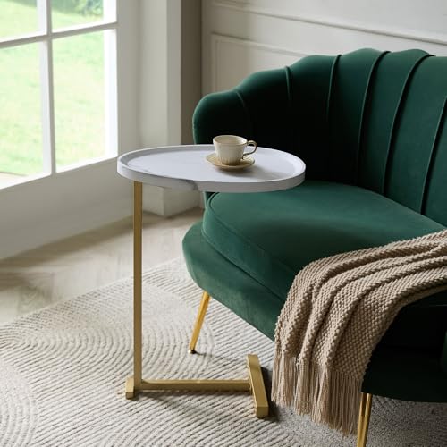 Kings Brand C-Shaped Side End Table, Sofa Snack Table, Gold & White | Convenient C-Shaped Table – Slides Under Sofas, Chairs, Beds to Keep Coffee, Snacks, Laptops, Books, & Essentials w/in Reach - color: White