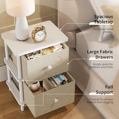 Apicizon Nightstand with 2 Drawers, Boho Side Table with Storage, White | Small End Table with Solid Wood Legs, for Small Spaces, Bedroom, Living Room, Entryway, Easy Assembly - color: White