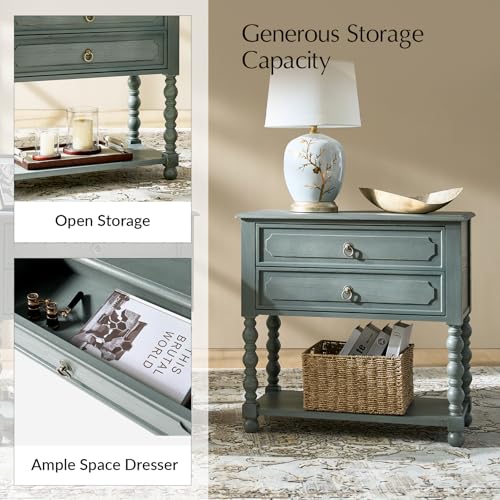 HULALA HOME Farmhouse End Table with Charging Station, 2PK Blue | Open Shelf Storage, Drawer Organization, Spindle Legs, Solid Wood Details - color: Blue