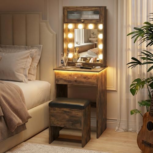 ARTETHYS Small Vanity with Mirror & RGB Light Rustic Makeup Set for Bedroom | Table Storage Rack, Mini Vanity with Storage Chair, Space Saving Mini Makeup Table with Shelf for Compact Room - color: Rustic