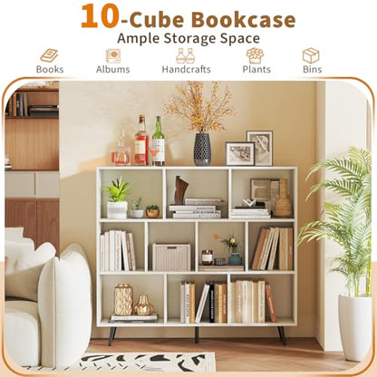 Tangkula 10-Cube Bookcase, Modern 47”L Storage Bookshelf with 5 Tapered Metal Legs & 2 Anti-Tip Kit, Freestanding Display Rack for Living Room, Study Room (White, 10-Cube) - size: Standard 10-Cube