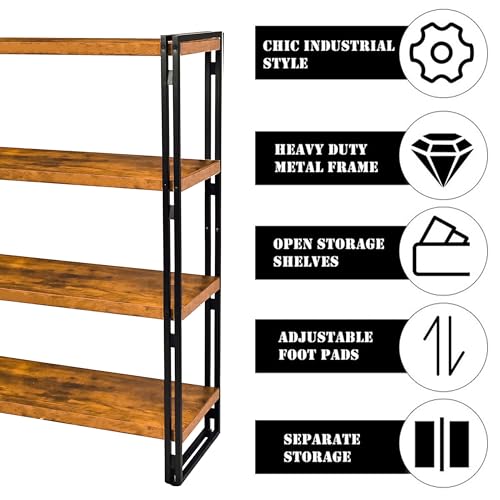 47" 4-Tier Bookshelf Rustic Wood and Metal Industrial Bookshelf for Home Office, Bedroom, Kitchen, Bathroom (Rustic Brown, 4-Tier) - color: Rustic Brown, size: 4-Tier