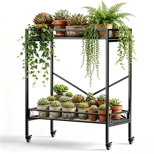 Zhongma 2 Tier Window Height Sturdy Metal Plant Stand with Wheels, 32.7x16x39.4 Inch High, Heavy Duty Succulent Shelf for Home Indoor and Outdoor, 440 LBS Capacity & Heavy Duty Construction - color: 2 Tier 32.7x16x39.4 inch