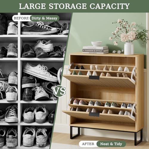 Shoe Cabinet Storage Entryway Slim, Shoe Organizer Cabinet with 2 Flip Drawers, Modern Freestanding Hidden Shoe Rack for Entryway, Natural Wood - size: 2 Flip Drawers