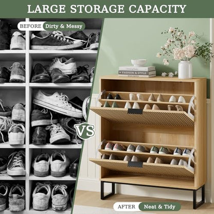 Shoe Cabinet Storage Entryway Slim, Shoe Organizer Cabinet with 2 Flip Drawers, Modern Freestanding Hidden Shoe Rack for Entryway, Natural Wood - size: 2 Flip Drawers