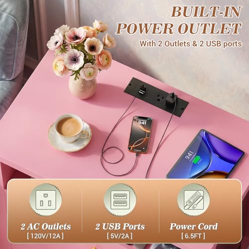 Aheaplus Nightstand with Charging Station, 23.6'' Large Bed Side Table with Wooden 2 Drawers, Night Stand for Bedroom, End Table with Open Storage Shelf for Living Room, Set of 2, Pink - color: Pink