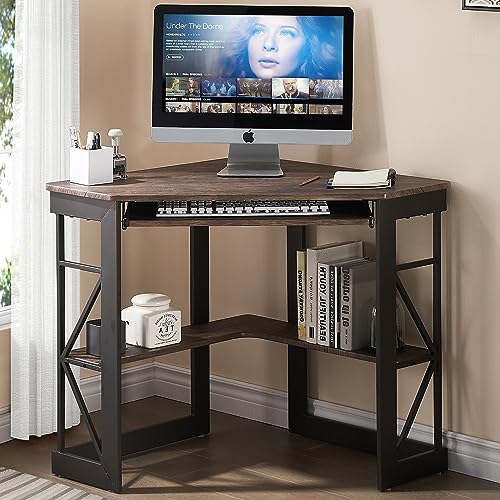 VECELO Corner Desk Computer Desk Writing Table with Smooth Keyboard Tray & Storage Shelves,Compact Home Office Triangle Table,Rustic Brown - color: Rustic Natural Brown
