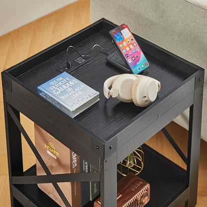 Farmhouse Side Table with Charging Station,2-Tier Square End Table | 2-Tier Shelf Modern Sofa Couch Table Bedside Nightstand With X-Frame for Living Room Bedroom Office Small spaces,Black - color: Black, style: With Outlets