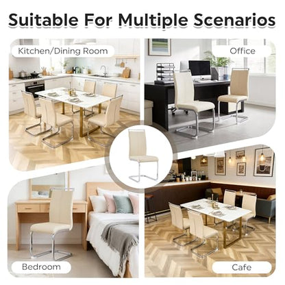 Baysitone Modern Dining Chairs Set of 2, Side & Kitchen Chairs with Silver Frame, Faux Leather Padded Seat High Back, for Dining, Kitchen & Living Room - Beige - color: Beige, size: Set of 2