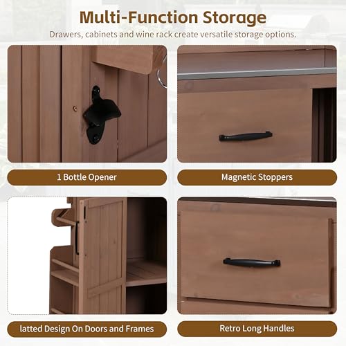 Modern 60.2''W Outdoor Kitchen Island with Wheels, Rolling Patio BBQ Kitchen Cart with Stainless Steel Top, Wood Grill Cart with Spice Rack&Wine Rack,2 Drawers, Brown - style: Brown