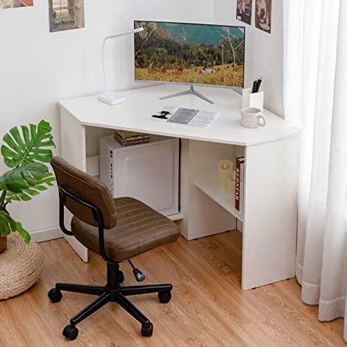 LDAILY Corner Desk, Space Saving 90 Degree Triangle Computer Desk with Storage Shelves & Cable Holes, Wood Compact Corner Writing Table for Small Spaces, Home Office, Bedroom & Living Room, White - color: White