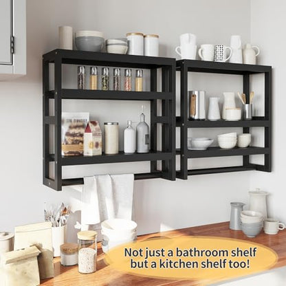 Bathroom Shelves with Hanging Bar Over Toilet Storage - Adjustable Wall Organizer (Black) - color: Black