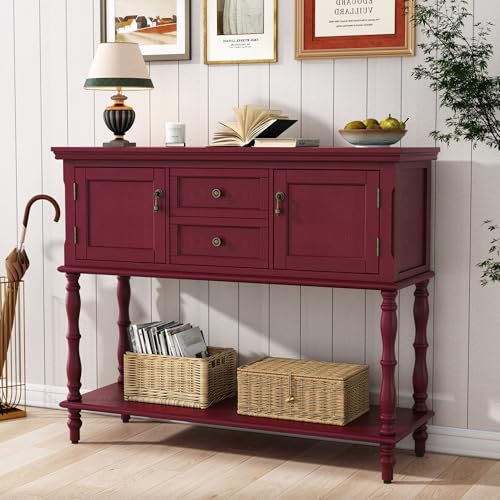 ARTPOWER Console Table with 2 Drawers, Retro Entryway Table with 2 Door | Solid Wood Veneer Entry Table, Behind Couch Sofa Table with Open Storage Shelf for Living Room, Foyer, Hallway - color: Red