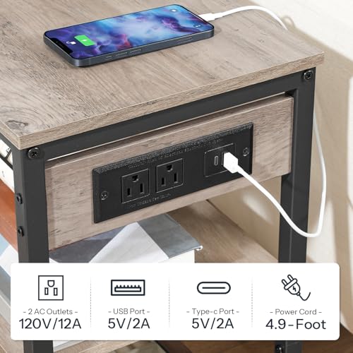 HOOBRO End Table with Charging Station, Side Table with 3 Tier Storage Shelf, Narrow Nightstand for Small Spaces, for Living Room, Bedroom, Easy Assembly, Greige and Black BG149UBZ01 - color: Greige + Black