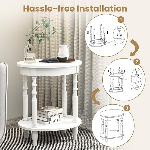 GOFLAME 2-Tier Oval End Table Set of 2, Sofa Side Table with Storage Shelf, Solid Wood Legs, Modern Accent Table, Compact Nightstand for Living Room, Bedroom, Small Space, White - color: White