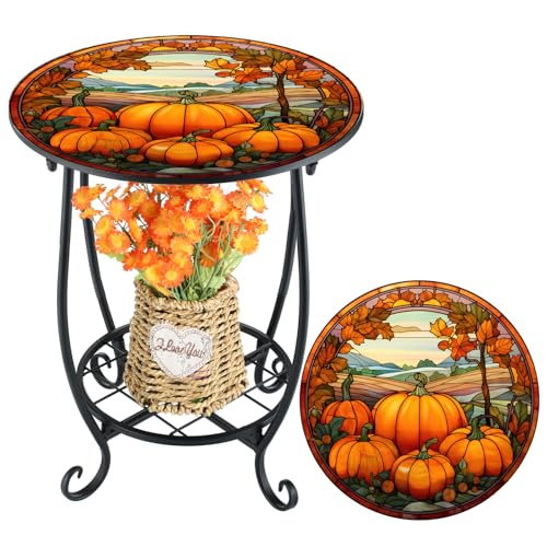 Cinnvoice Outdoor Side Table Round Small Mosaic Patio Accent Indoor End Plant Coffee Tea Table for Yard Patio Porch Garden Living Room, Bedroom(Pumpkin Style,14 Inch) - size: 14 Inch, style: Pumpkin Style