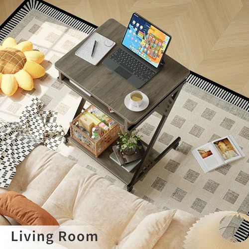 ALISENED 23.6" Z-Shaped Computer Desk for Small Spaces with Keyboard Tray, Wheels and Bottom Shelves, Compact Space-Saving Home Office Workstation, Grey - color: Grey