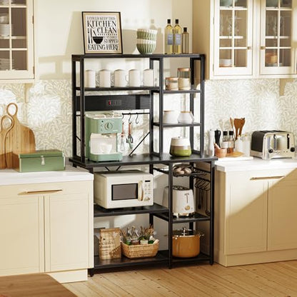 SUPERJARE Large Bakers Rack with Power Outlets, 6-Tier Microwave Stand, Coffee Bar with 12 S-Shaped Hooks, Kitchen Shelf with Wire Basket, 39.4 x 14.6 x 66.9 Inches, Black - color: Black, size: 39.4inch