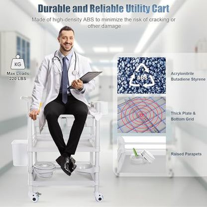 Mobile Medical Carts 3 Tier Professional Utility Cart 330 LBS Max Load Rolling Crash Cart Ultrasound Trolley with Wheels Drawers Dirt Bucket Sharps Box Storage Basket for Hospital Dental Clinic Home - color: 3-tier With Accessories Light Gray