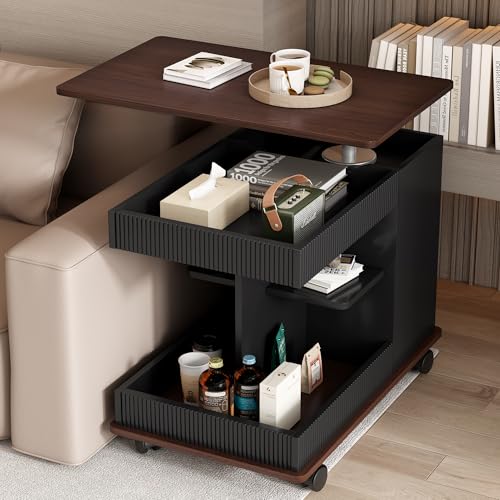 Merax Adjustable End Table with Wheels, Modern Multifunctional Sofa Side Table with Lift-Top, 360°Rotating Top and Storage Space for Living Room, Small Space, Black+Brown - color: Black+brown