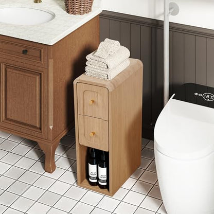 Narrow Nightstand with 2 Drawers, Small Bedside Tables, Mid-Century Modern Slim Night Stand with Storage, Wooden End Table for Small Spaces, Bedroom, Living Room (Natural-1PCS) - color: 2drawers-natural-1pcs