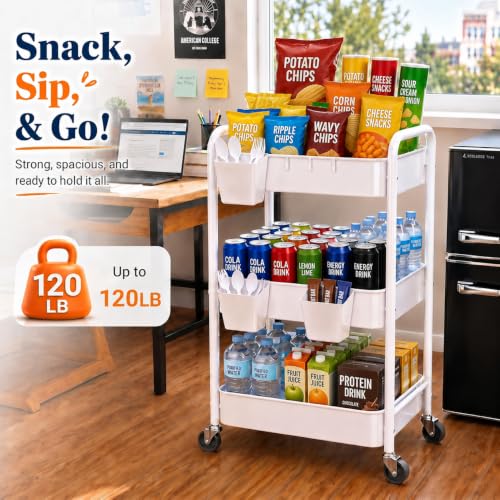 3 Tier Heavy Duty Rolling Cart Metal with Wheels, White Three Tiered roller Shelf Carts on Wheels, Utility Storage Shelves Organizer for Kitchen, Bedside, Laundry, Snack, Craft, Art, Pantry, Nail - color: White