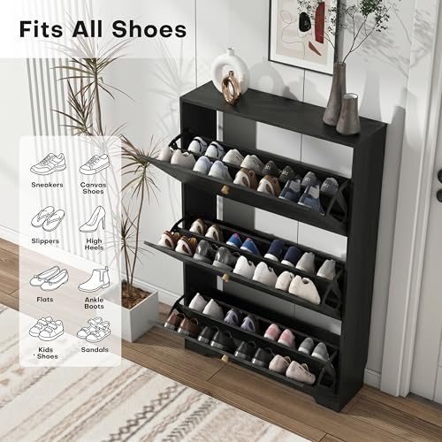 Nicetree Shoe Cabinet with 3 Flip Drawers, Narrow Shoe Organizer Cabinet, Freestanding Shoe Rack Cabinet, Modern Shoe Storage Cabinet for Entryway, Hallway, Foyer, Black with Hook - color: Black, style: 3-Drawers with Hook