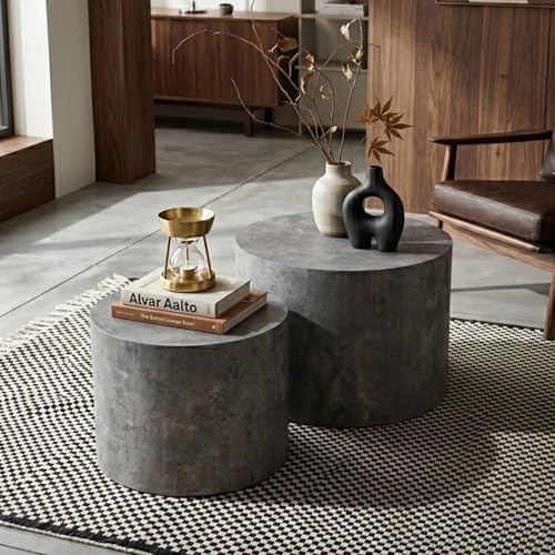 Nesting Coffee Table Set of 2, Modern Round Wooden Coffee Tables, Accent End Side Table for Small Space Living Room,Stone Gery - color: Stone Gery