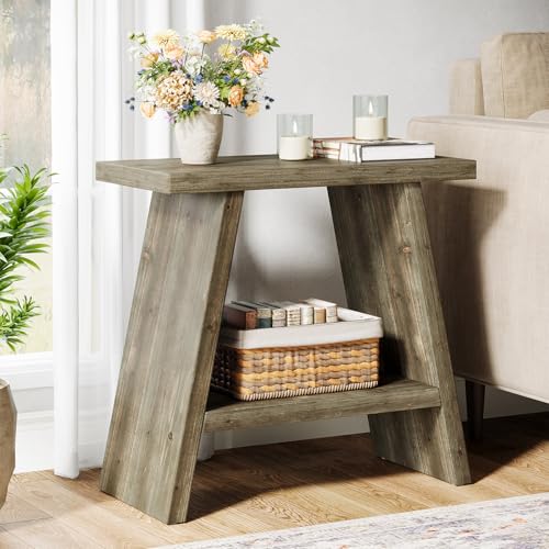 Solid Wood End Table for Living Room, Narrow Small Side Table with 2-Tier Storage, Farmhouse Bedside Nightstand for Bedroom, Small Places, Washed Brown (1PCS) - color: Washed Brown