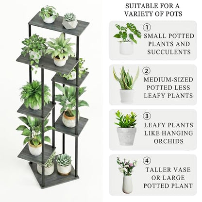 52.4” Tall 7-Tier Multiple Plant Stand Indoor, Oak Grey | Functions as Corner Flower Pots, Shelf, Decor Rack, Holder; Metal Frame with MDF Boards; for Living Room, Balcony