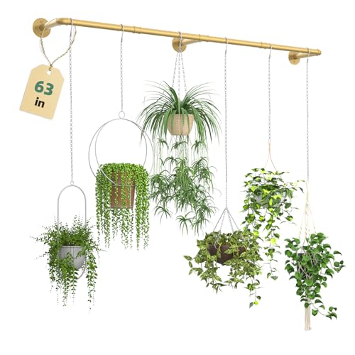 Plant Hanger Indoor Hanging Planters for Indoor Plants Hanging Plant Holder Window Plant Rod Gold Metal Shelves 63 Inch (Pot/Chains not Included - size: Gold 63 in