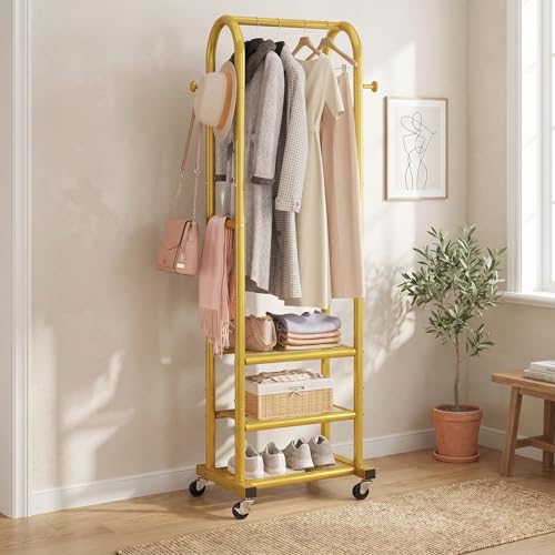 Dttwacoyh Clothing Rack with Wheels,Narrow Metal Garment Rack,Gold | Easy to install, 71.8 Inches Display Rack with 4 Side Hooks & 3 Shelves,for Small Flats, Bedroom, Entryway,Gold Clothes Rack - color: Gold