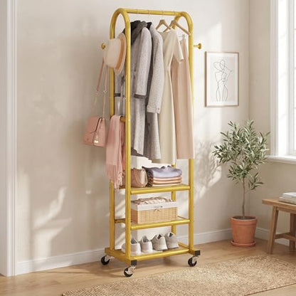 Dttwacoyh Clothing Rack with Wheels,Narrow Metal Garment Rack,Gold | Easy to install, 71.8 Inches Display Rack with 4 Side Hooks & 3 Shelves,for Small Flats, Bedroom, Entryway,Gold Clothes Rack - color: Gold