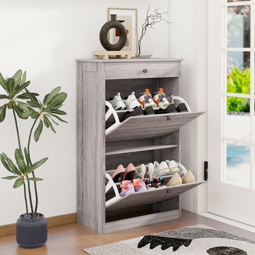 FTZxHKLX Shoe Rack Cabinet 2 Flip Drawers, Entryway Shoe Storage, Wash Grey | Narrow Shoe Cabinet Organizer with Top Drawer, Freestanding Hidden Shoe Organizer for Entryway , Hallway, Foyer - color: Wash Grey, size: Medium