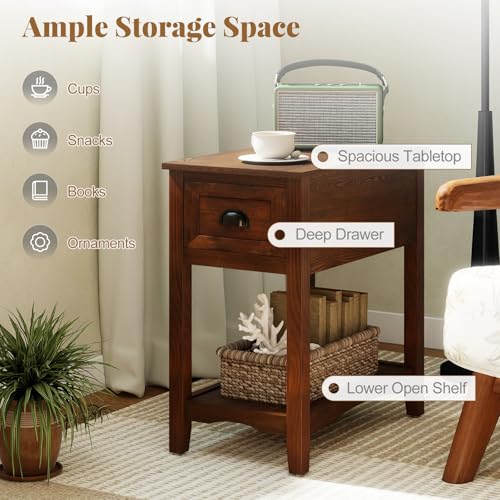 Giantex End Table with Drawer Set of 2, Retro Narrow Side Table, Nightstand with Solid Wood & Storage Shelf, Bedside Table for Living Room Bedroom Small Space Home Office (2, Walnut) - color: Walnut