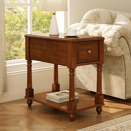 Narrow End Table with Drawer and Shelf, Solid Wood Sofa Side Table 2-Tier Skinny Table with Storage Slim Bedside Table for Small Spaces Living Room-Cherry Brown BBJ-004-DR - color: Cherry Brown, size: Single