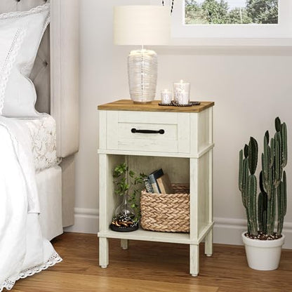 White Farmhouse Nightstands, Nightstand with Drawers, Small Bedside Table | Modern Bedroom Nightstand, Farmhouse End Table,White Wood Night Stand,Side Table Bedroom,End Table with Storage LET512WR - color: White and Rustic Brown