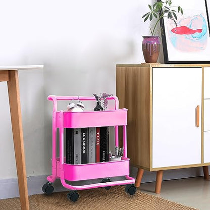 Melody House 2-Tier Metal Mesh Rolling Cart Storage Organizer with Utility Handle and Wheels, Multi-Functional Storage Trolley for Office Living Room Kitchen, Pink