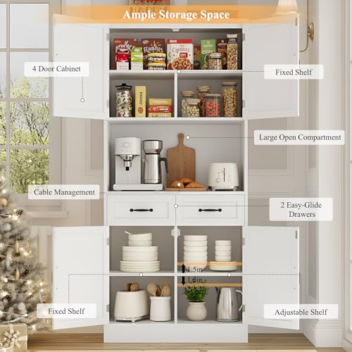 HOSTACK 71" Tall Kitchen Pantry Storage Cabinet, Wood Kitchen Hutch, White | Modern Pantry Cabinet with Microwave Stand, Hutch Cabinet with Countertop & Drawers, Storage Cabinet for Living Room - color: White