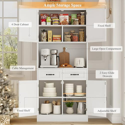 HOSTACK 71" Tall Kitchen Pantry Storage Cabinet, Wood Kitchen Hutch, White | Modern Pantry Cabinet with Microwave Stand, Hutch Cabinet with Countertop & Drawers, Storage Cabinet for Living Room - color: White