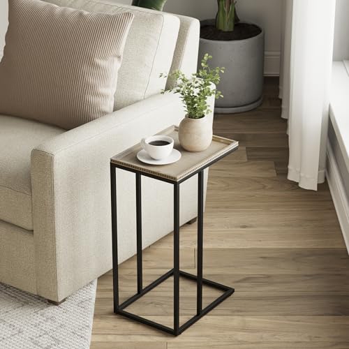 Farmhouse C Shaped End Table with Distressed Beaded Edge Tray Top, Modern Slim Snack Side Table with Metal Base, Black - color: Black, style: Beaded Edge