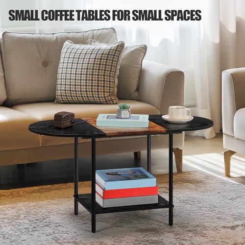 Coffee Tables for Living Room,Mid Century Small Oval Center Table with 2-Tier Storage Shelf and Wood Tabletop,Farmhouse Narrow Cocktail Tea Table for Small Space,Apartment,Black Brown - color: Black Brown