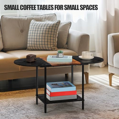 Coffee Tables for Living Room,Mid Century Small Oval Center Table with 2-Tier Storage Shelf and Wood Tabletop,Farmhouse Narrow Cocktail Tea Table for Small Space,Apartment,Black Brown - color: Black Brown