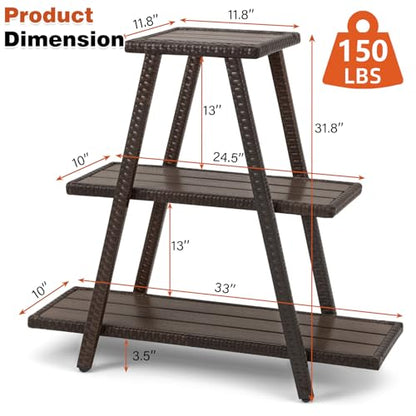 Outdoor Plant Stand for Patio 3 Tier Plant Stand Shelf with Wicker Poly Lumber Flower Stand Holder Tiered Multi Ladders Plant Holder Display Rack with Adjustable Feet for Outside Balcony Porch Brown