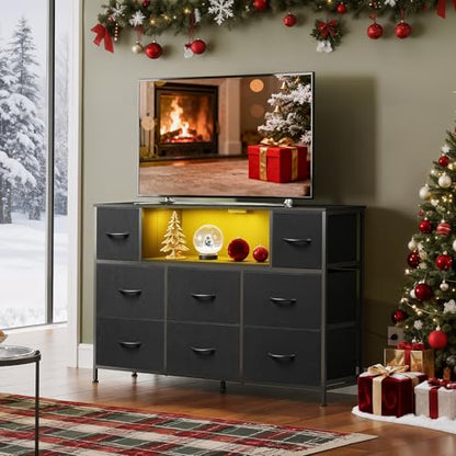 WLIVE Black Dresser TV Stand for 45, 50, 55 inch TV, Entertainment Center with LED Lights & Charging Station, Chest of Drawers with 8 Fabric Drawers and Open Shelves for Living Room, Hallway, Wood Top - color: Black