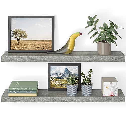 Ballucci Floating Shelves, 36" Wood Wall Shelf Set of 2, with Invisible Brackets for Bathroom, Living Room, Bedroom, Kitchen, Nursery, 6" Deep, Rustic Gray - color: Grey, size: 35.4 inches