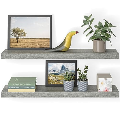 Ballucci Floating Shelves, 36" Wood Wall Shelf Set of 2, with Invisible Brackets for Bathroom, Living Room, Bedroom, Kitchen, Nursery, 6" Deep, Rustic Gray - color: Grey, size: 35.4 inches