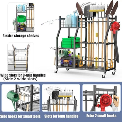 WALMANN Garden Tool Organizer with Wheels for Garage, Large Storage Capacity, Rakes/Shovels/Yard Tools Storage Stand for Shed, Garden, Indoor/Outdoor Long-Handled Tools Rolling Cart - style: Large-stand